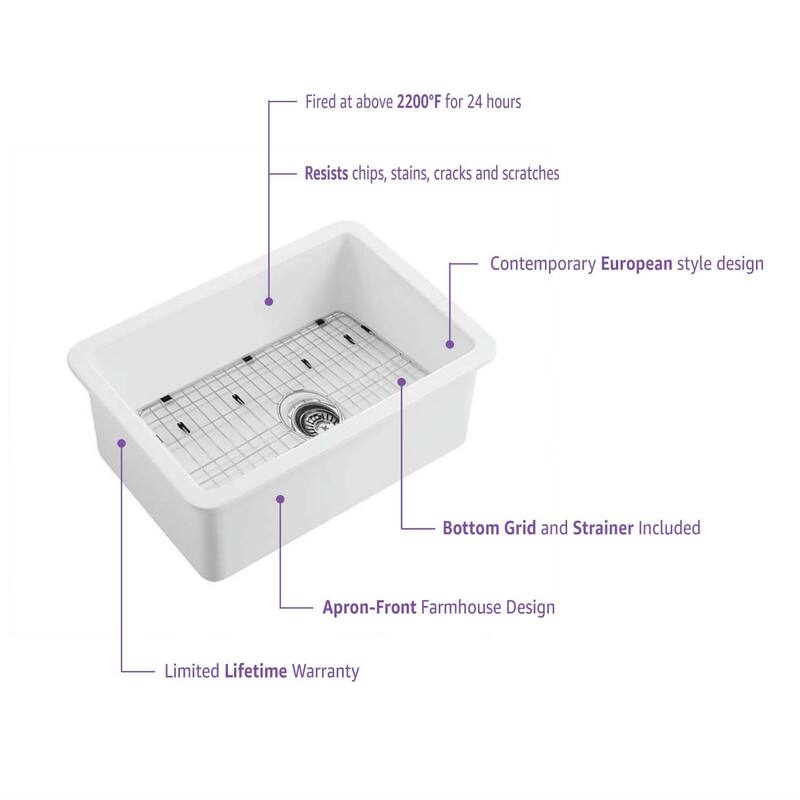 White Fireclay Farmhouse Undermount Kitchen Sink with Bottom Grid and Strainer
