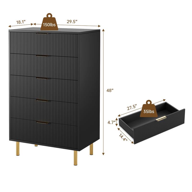 5 Drawer Dresser for Bedroom with Gold Handles, Modern Wooden Chest of Drawers