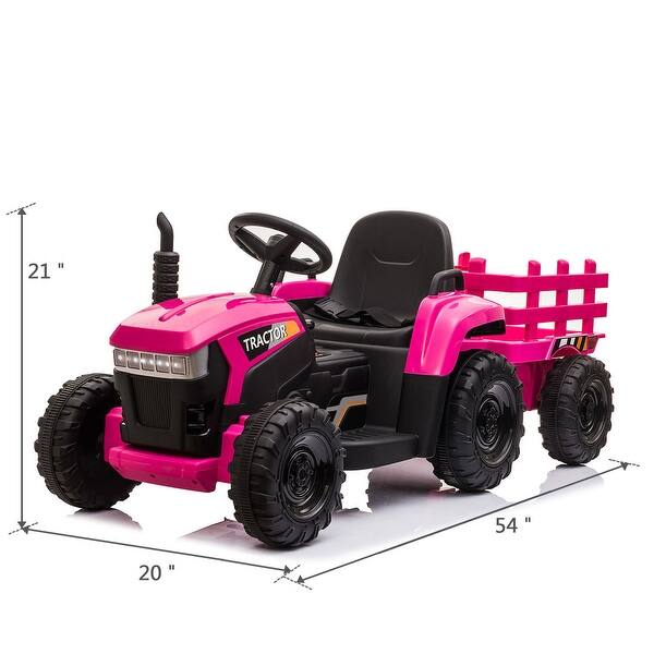 dimension image slide 1 of 2, 12V Kids Ride On Tractor with Trailer, Battery Powered Electric Car w/ Music, USB, Music,LED Lights, Vehicle Toy for 3 to 6 Ages