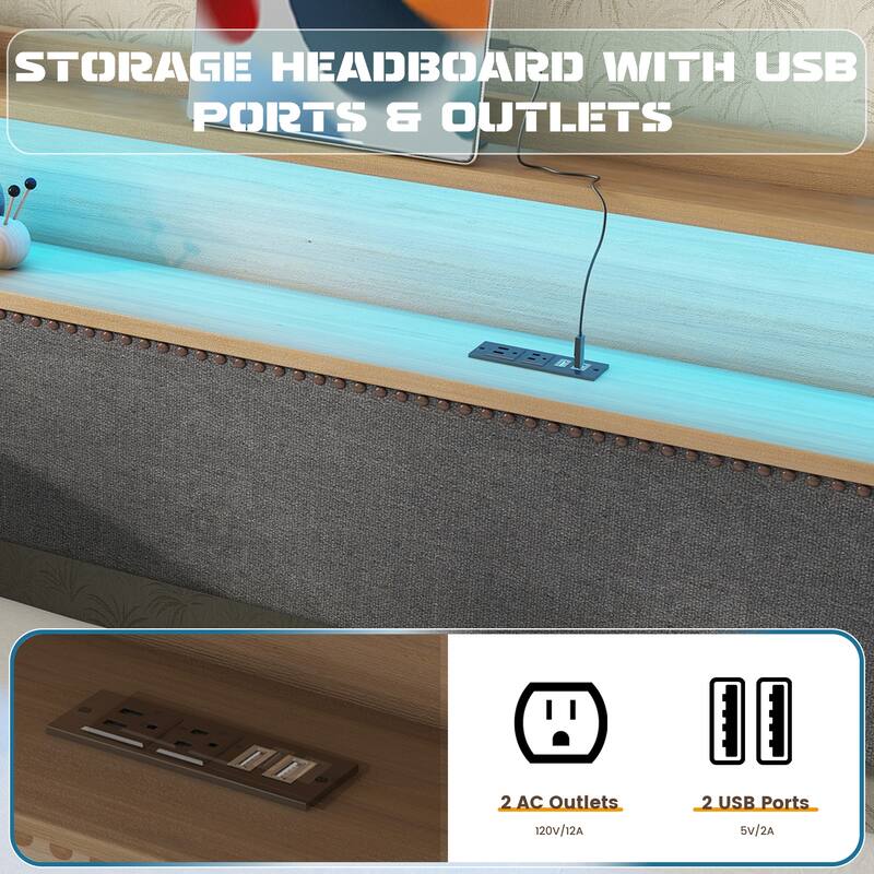 Twin Size PU Leather Upholstered Daybed with Trundle,Charging Station and LED Lights