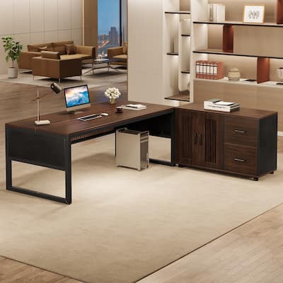63-Inch Large Executive Desk and Mobile File Cabinet Set for Office