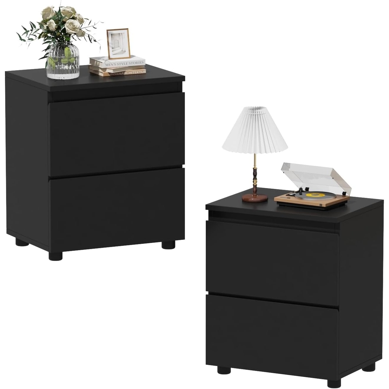Set of 2 Wooden Night Stands with Storage Drawers, Black