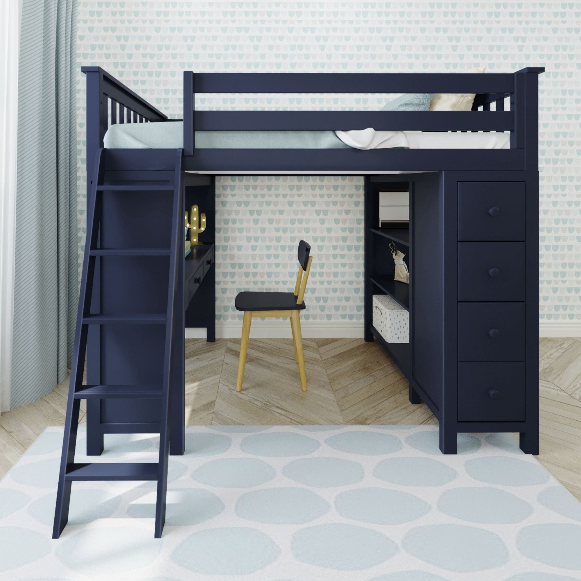 Dark blue loft bed with stairs on left, desk and storage drawers on right, chair underneath, child study area