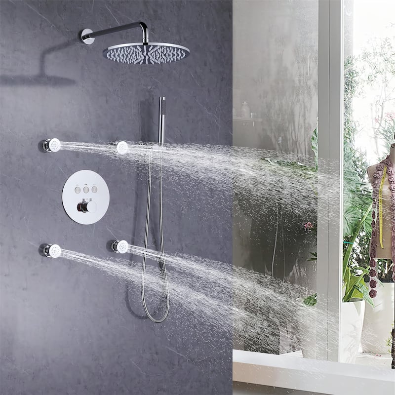 3-Way Complete 12'' Rain Shower System with 4 Body Jets and High-pressure Handheld Shower Head in Black/Nickel/Chrome, Wall