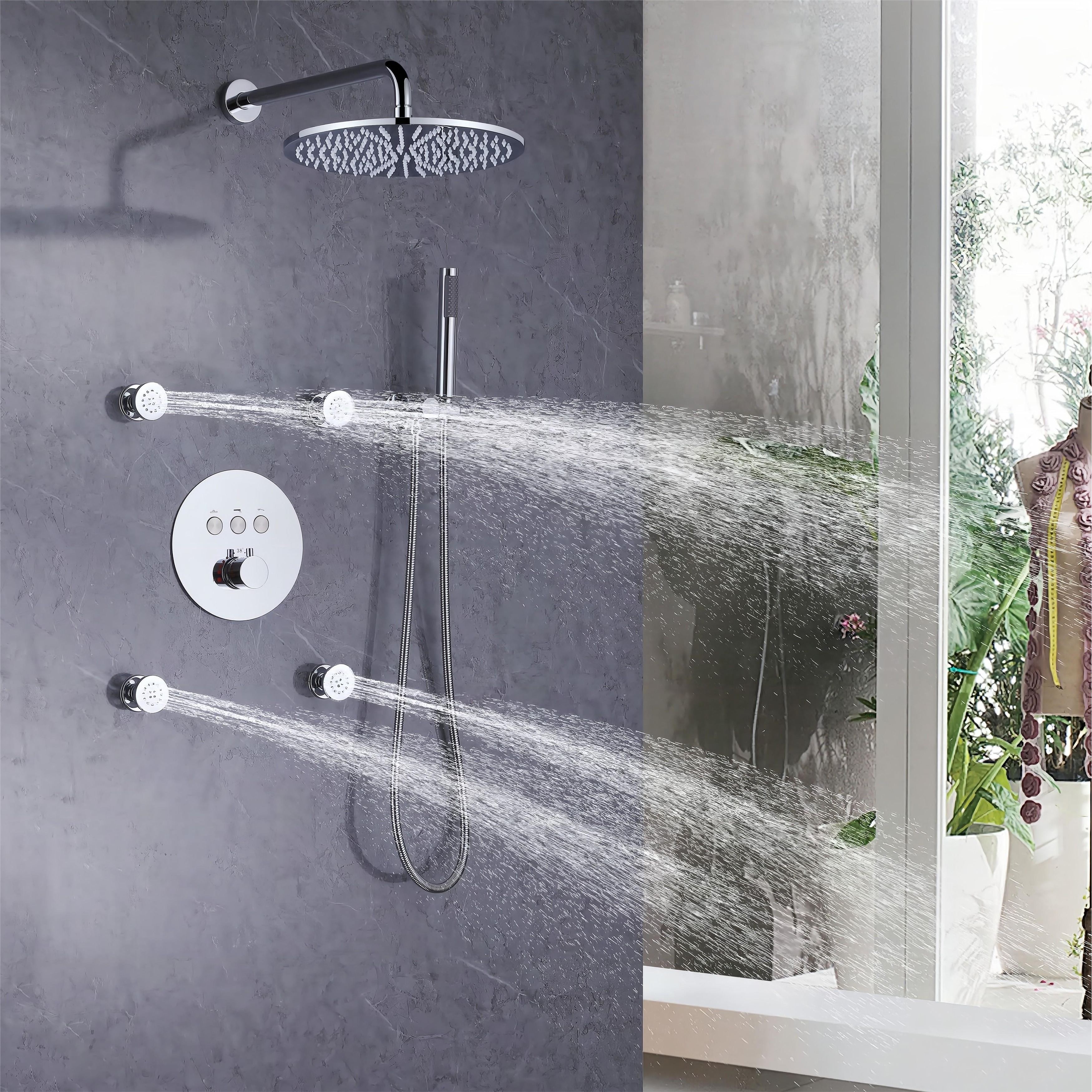 3-Way Complete 12'' Rain Shower System with 4 Body Jets and High-pressure Handheld Shower Head in Black/Nickel/Chrome