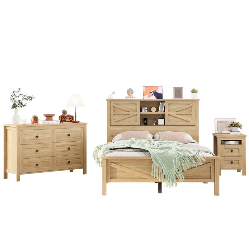 Rustic Platform Bed 3-Pieces Bedroom Sets with Storage Nightstand and Dresser, Wooden Platform Bed with Charging Station