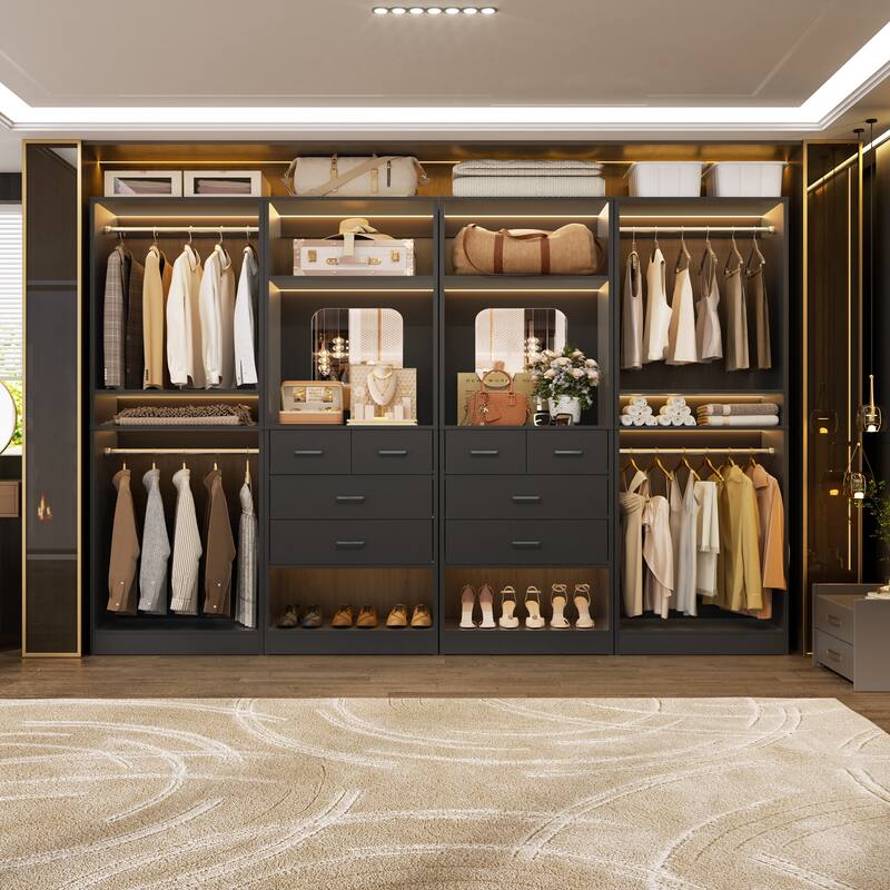 Set of 4 Closet System with 4 Drawer and Hanging Rods, Freestanding Closet Organizer with Storage Shelves - Black