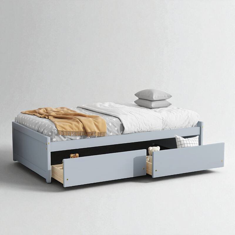 Twin Bed with Storage Drawers, Solid Rubberwood Platform, 10 Slats, No Box Spring Needed, Kids & Guest Room, 76.6"x41.6"