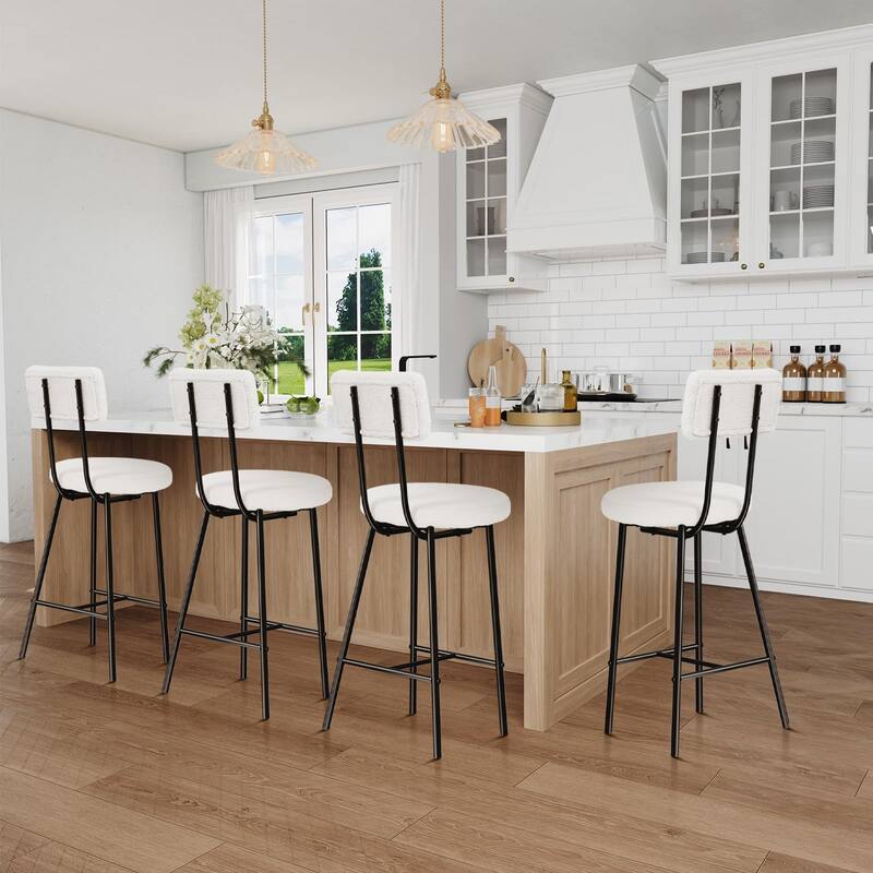 Boucle Upholstered Bar Stools Set of 2, Modern Counter Height Bar Chairs with High Back, Footrest and Metal Leg