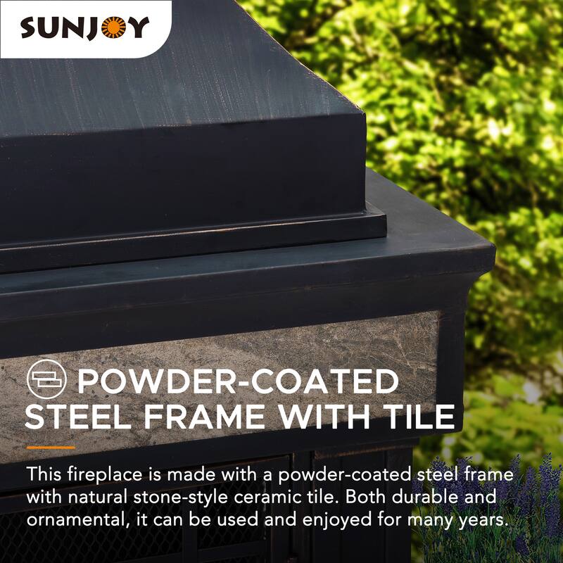 Sunjoy Smith Collection Outdoor Patio Wood Burning Steel Fireplace with Chimney, Spark Screen, Fire Poker, and Removable Grate