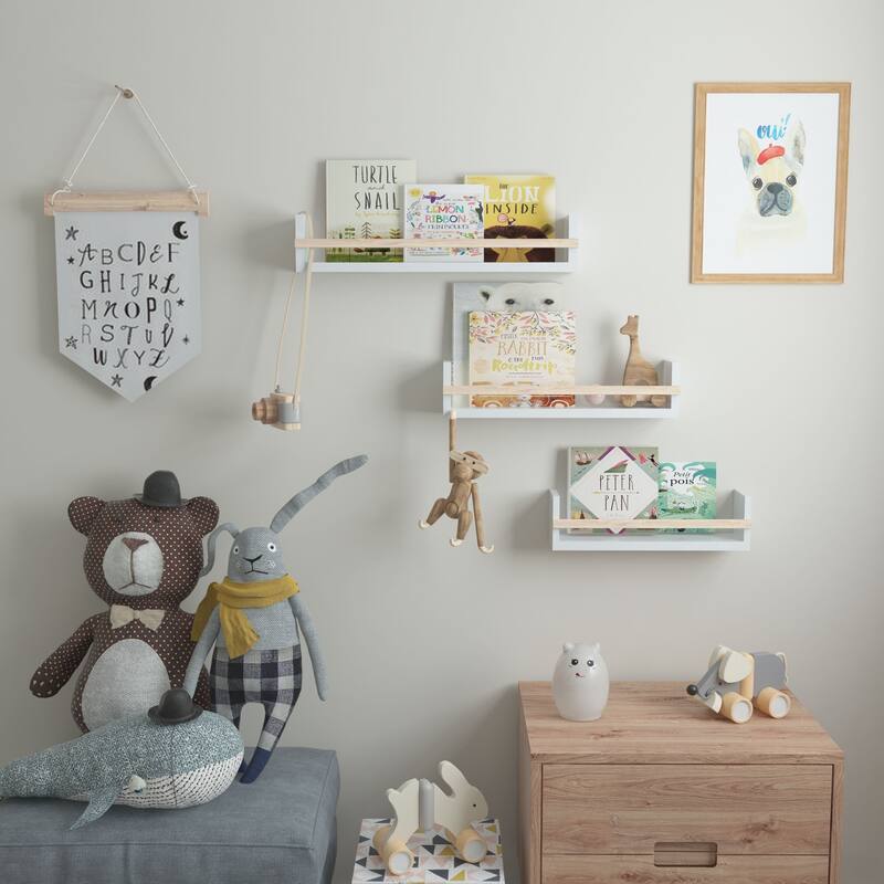 Wallniture Utah Wood Wall Shelves Kids Bookshelf Set of 3 Toy Storage - White
