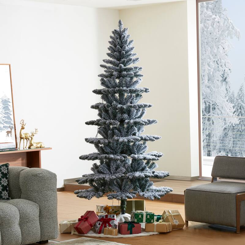 Glitzhome 6FT/7.5FT/9FT Warm White or Multi-Colored Pre-Lit Flocked Pine Artificial Christmas Tree - 7.5ft Slim Spruce