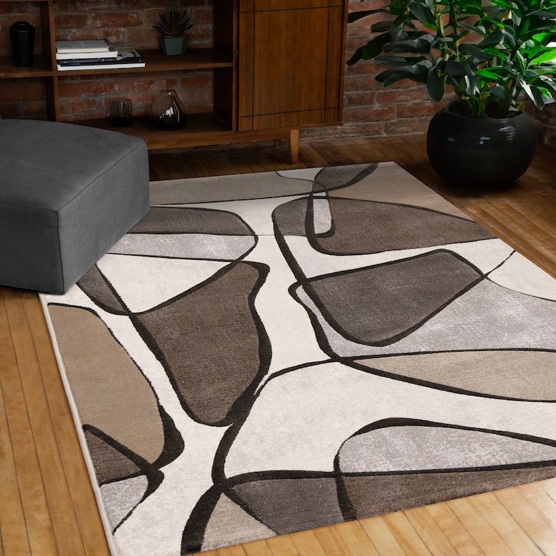 Brown Grey White Beige Abstract Geometric Area Rug