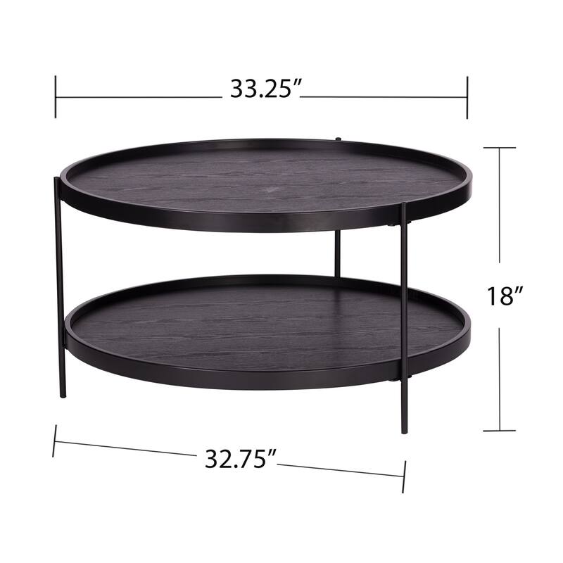 Modern Round Wood Coffee Table with Metal Base and 2-Tier Storage Shelf Perfect for Living Room - 33.75”L x 33.75”W x 18”H