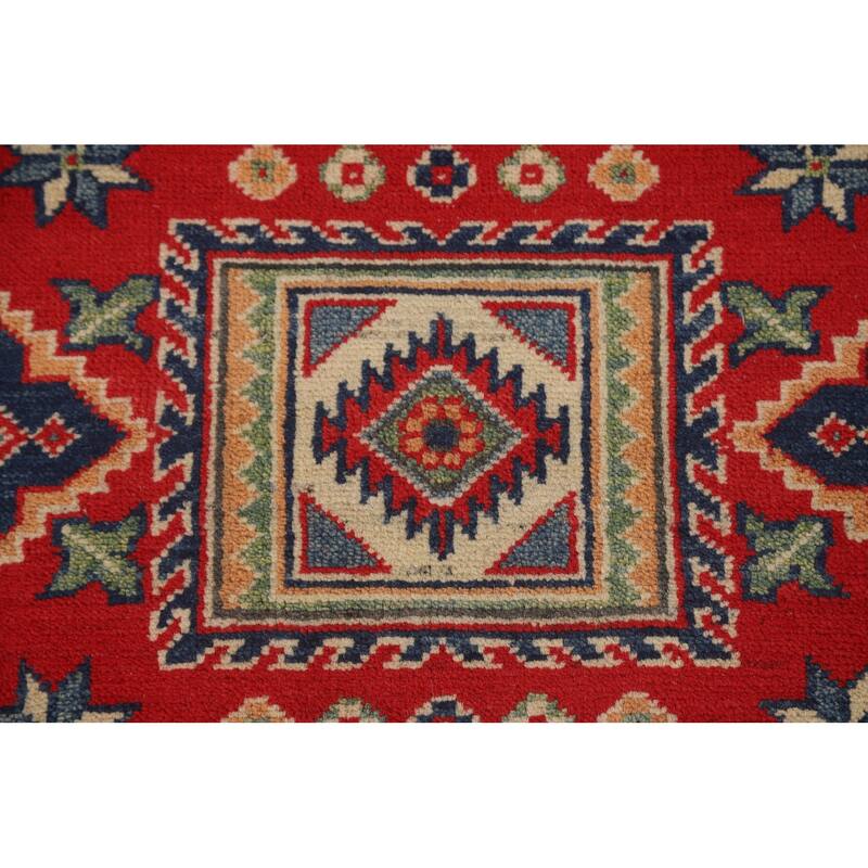 Geometric Kazak Runner Rug Hand-Knotted Red Wool Carpet - 2'9" x 9'4"