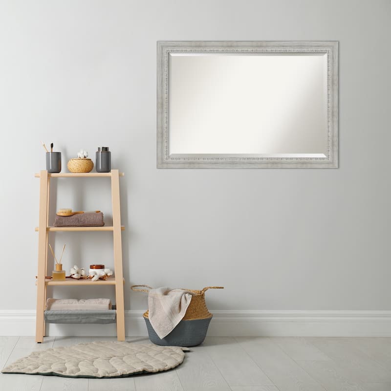 Beveled Wood Bathroom Wall Mirror - Rustic White Wash Frame