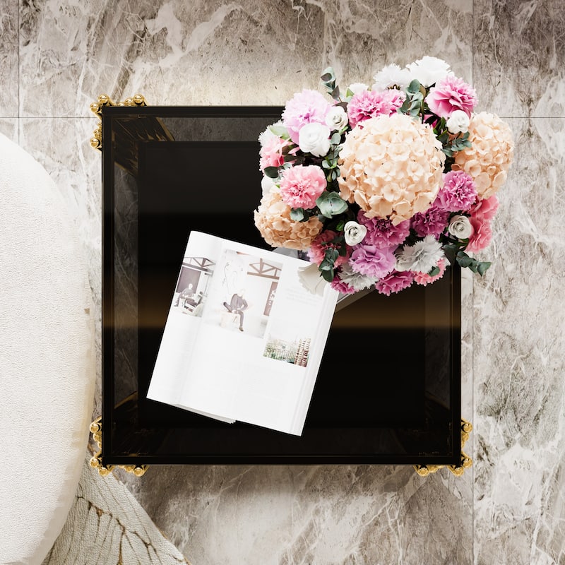 19.9" Modern Transparent Glass End Table for Living Room, Square,Asymmetrical Metal, Gold Finish & Lower Shelf