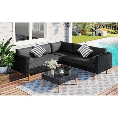 4 Pieces Outdoor Wicker Reversible Patio Sofa with Cushions,Table and Colorful Pillows