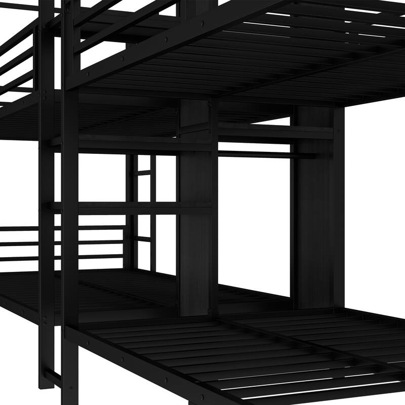 Twin size Quadruple Metal Bunk Bed,Metal Bunk Bed with Built-in Storage Shelves & Wardrobe,Sturdy Metal Frame