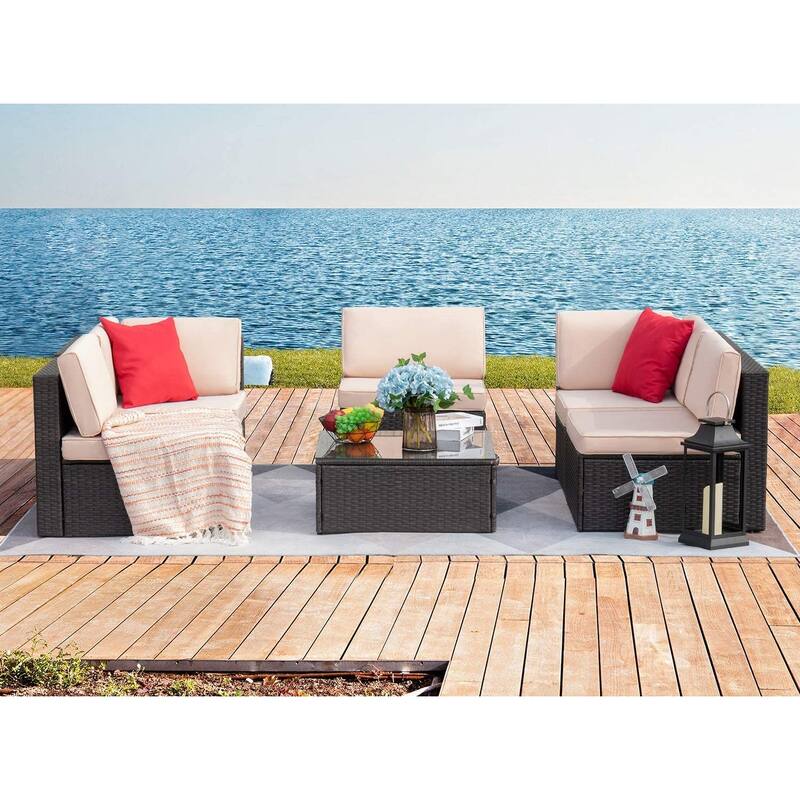 Homall 6 Pieces Patio Furniture Sets Outdoor Sectional Rattan Sofa Manual Weaving Wicker Patio Conversation Set