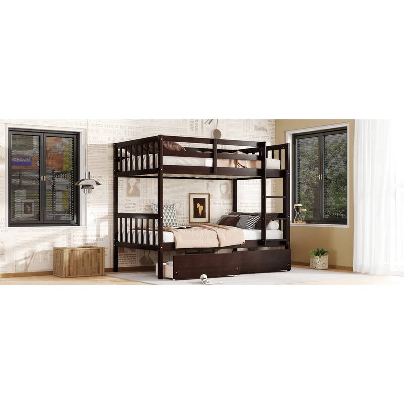 Roomfitters Twin Over Twin Rubber Wood Bunk Bed with Underbed Storage, Convertible to 2 Twin Beds, Ladder & Guardrails