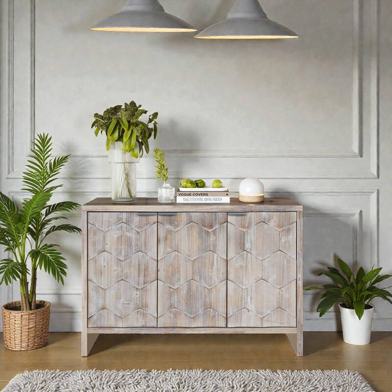 Farmhouse Accent Cabinet with Storage, 3 Door Wooden Sideboard Buffet with Adjustable Shelves, Natural Wood Wash