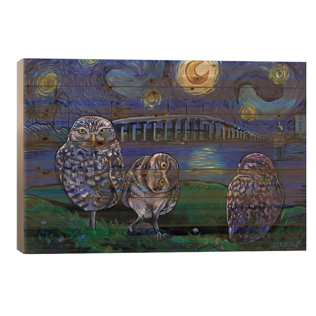 Burrowing Owls In The Starry Night Print On Wood by Amanda Zirzow - Multi-Color
