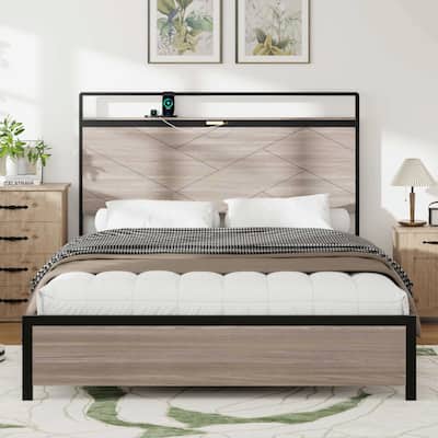 Wooden Platform Bed Frame with Storage, LED Light Headboard and 2 USB Ports, No Noise