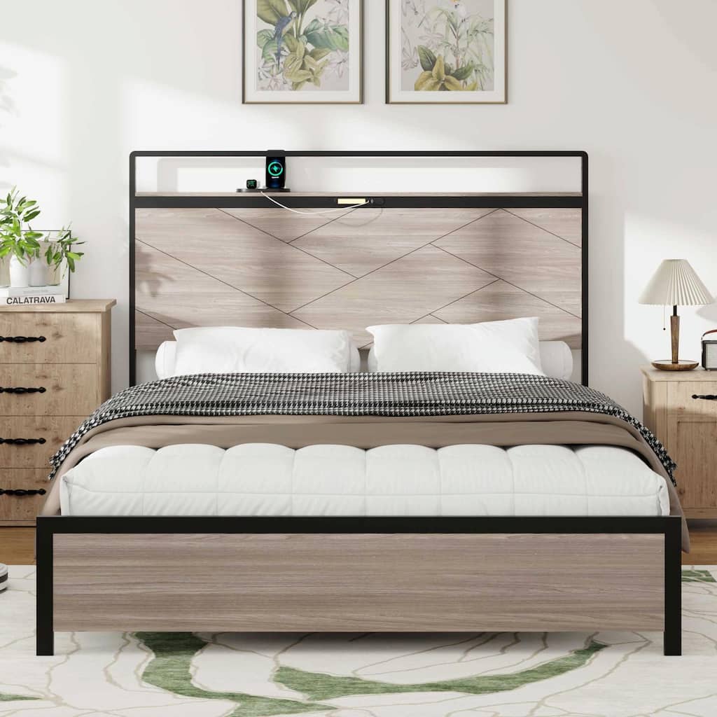 Wooden Platform Bed Frame with Storage, LED Light Headboard and 2 USB Ports, No Noise