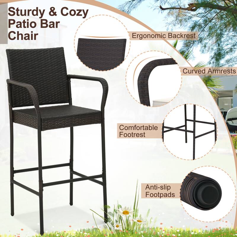 2PCS Patio PE Wicker Bar Chairs Counter Height Barstools with Cushions