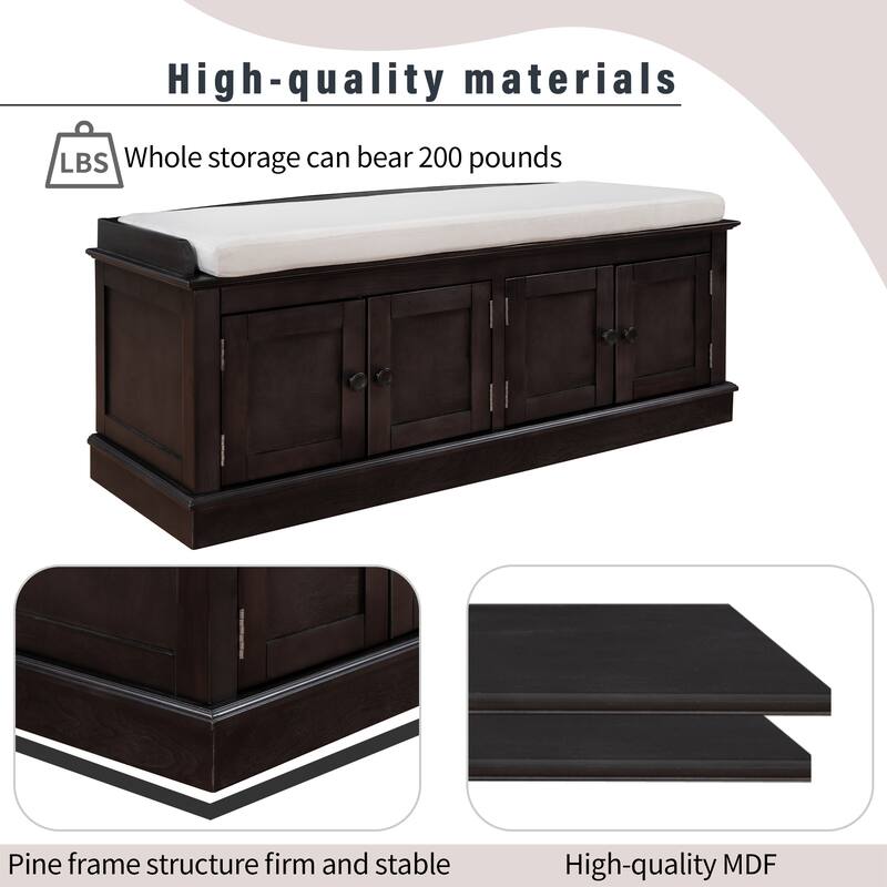 Storage Bench with 4 Doors and Adjustable Shelves, Shoe Bench with Removable Cushion for Living Room, Entryway - Espresso