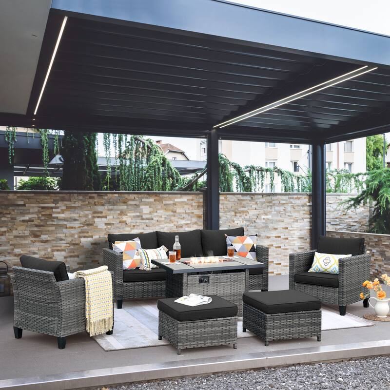 OVIOS 6-piece Patio Furniture Outdoor Wicker Set With Cozy Rectangle Fire Table - Black