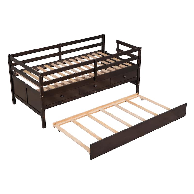 Solid Wood Low Bed with Full Safety Fence, Climbing ladder,Storage Drawers and Trundle