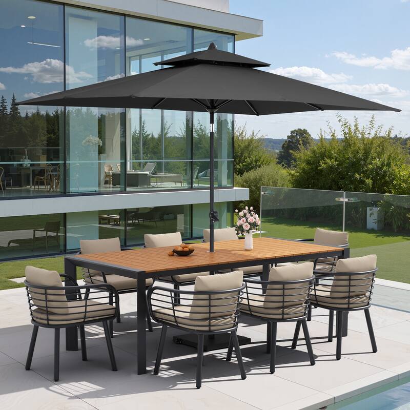9/11-Piece Outdoor Dining Set w/10 ft Umbrella and Base Aluminum Dining Table and Chairs with Sunbrella Cushions