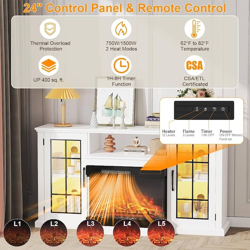 59In 3 Sided Glass Fireplace Heater TV Stand with LED Lights - N/A