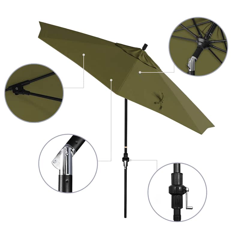 California Umbrella 9' Rd Patio Umbrella Black Aluminum Frame Fiberglass Ribs Crank Lift Collar Tilt, Sunbrella Cilantro