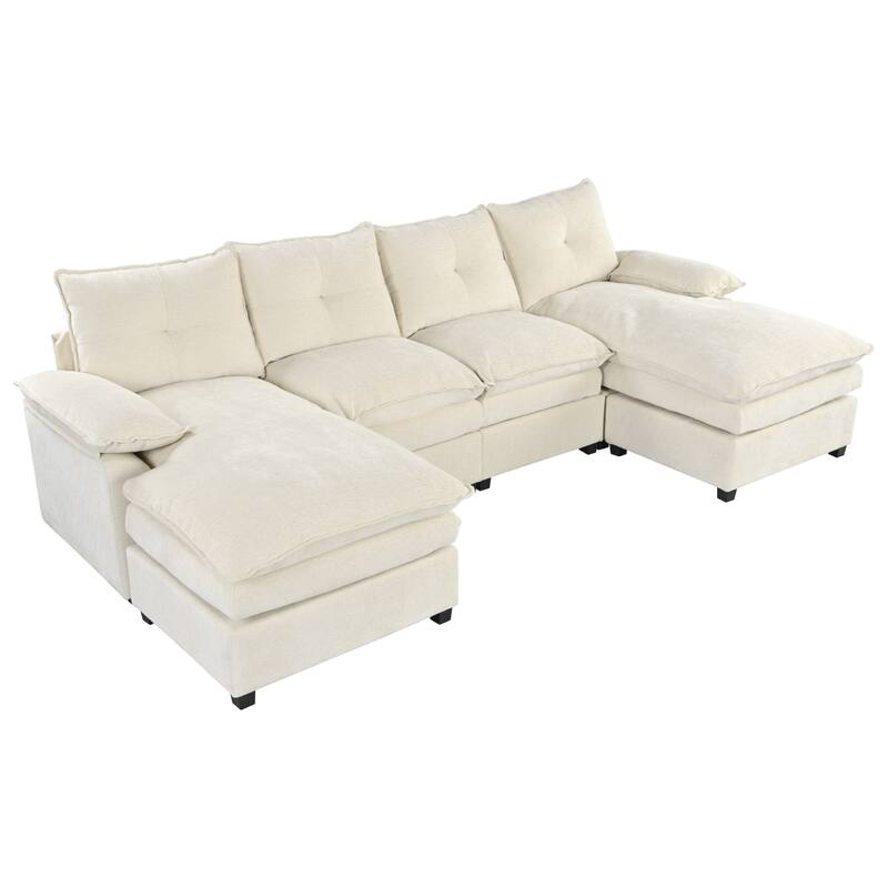 U-Shaped Chenille Sectional Sofa, Upholstered Deep Seat Couches with Adjustable Armrest Pillows and Button Tufted Backrest