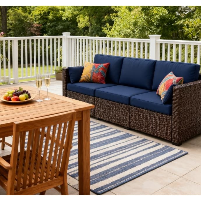 GDFStudio Outdoor Marcellus Galvanized Steel PE Rattan 3-Seat Outdoor Sofa with Cushions