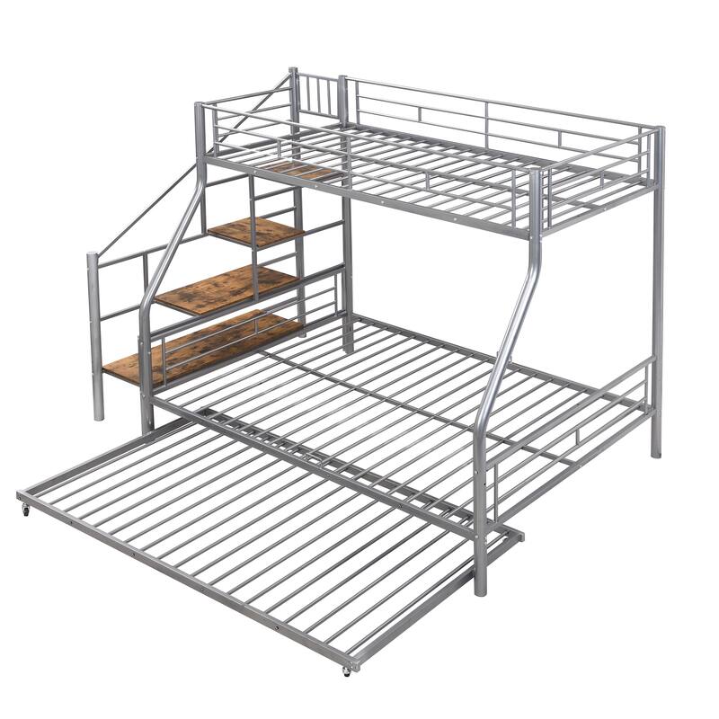 Twin Over Full Metal Bunk Bed with Trundle, Storage Staircase, and Guardrail