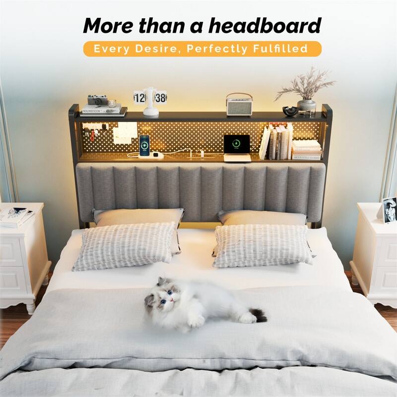 Adjustable Upholstered Headboard with 2 Tier Shelves with Charging Stations and LED Lights, Modern Bed Headboard with Storage