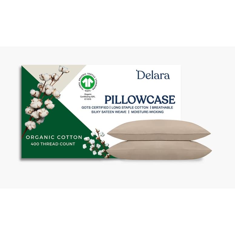 Delara GOTS Certified 100% Organic Cotton Pillowcase Pack of 2, 400 TC Long Staple Cotton, Moisture-Wicking, Smooth & Breathable