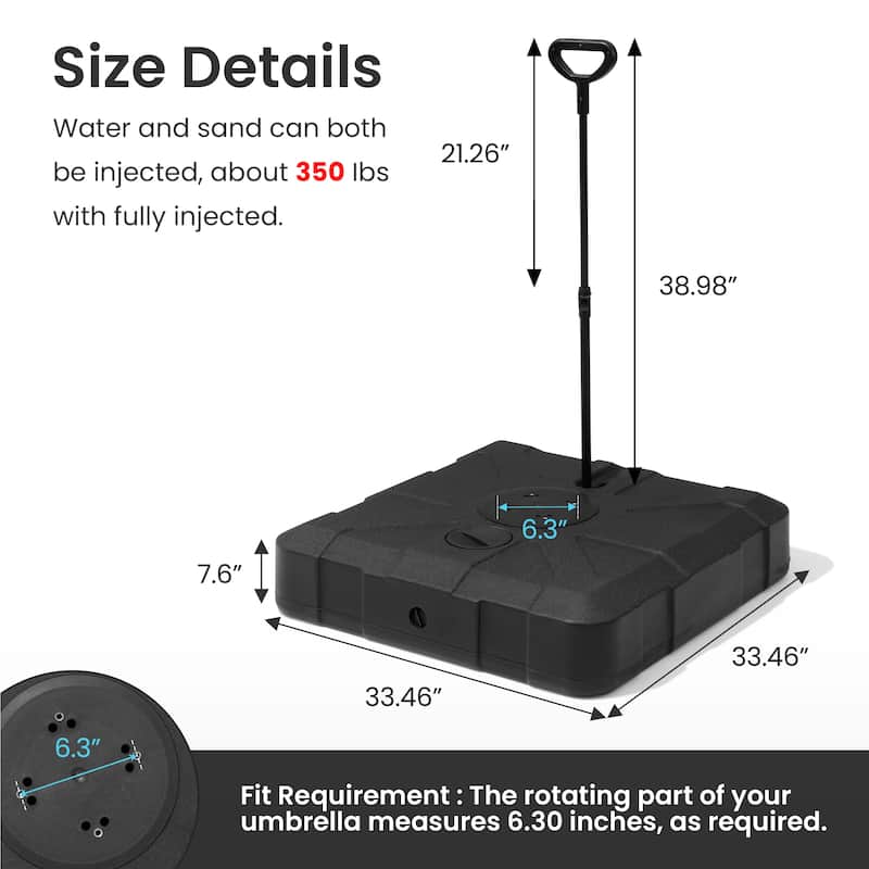 Heavy Duty 350 LBS Water Sand Fillable Patio Cantilever Offset Umbrella Base Stand with Wheels and Drag Rod