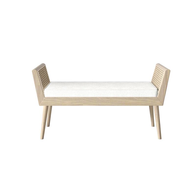 Aderyn Mid-Century Padded Bench with Raised Rattan Arms