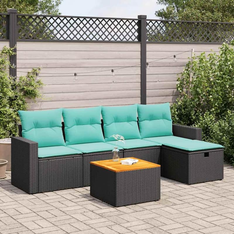 vidaXL Patio Sofa Set with Cushions Outdoor Furniture 6 Piece Poly Rattan - 21.7" x 24.4" x 27.2" - Black with storage