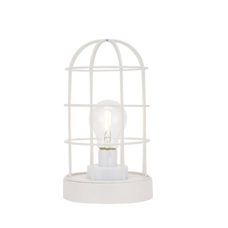 HomeRoots 10" White Battery Operated Lamp With Cage Cylinder Shade - 5.50 in. x 10.00 in. x 5.50 in.