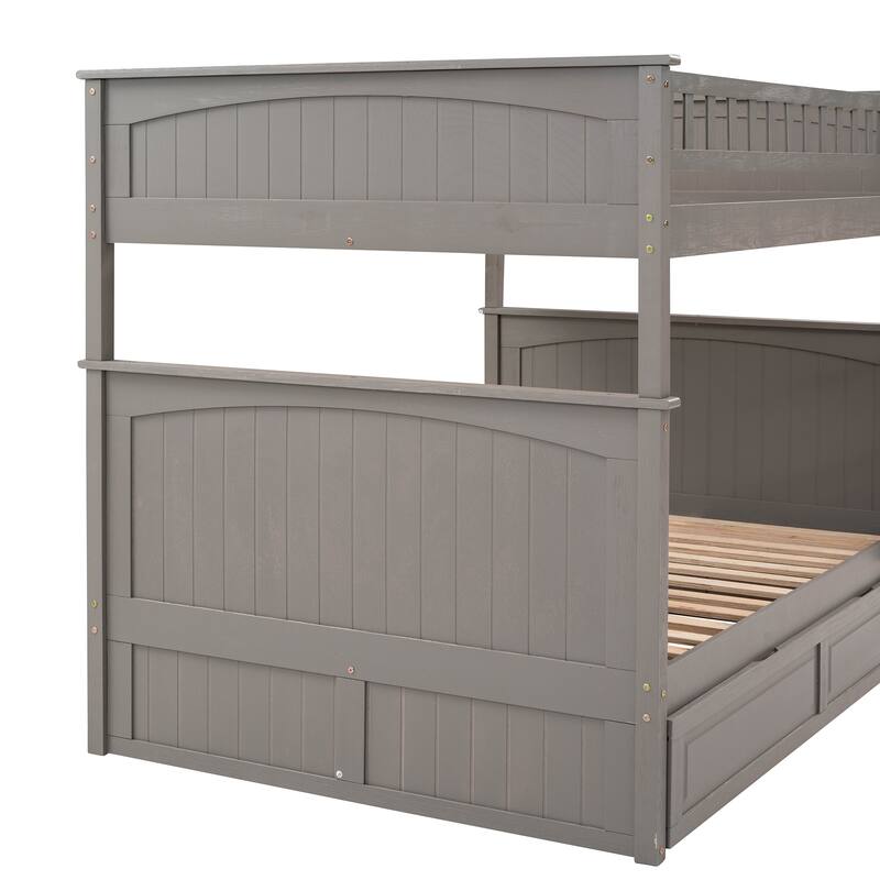 Full Over Full Bunk Bed with Twin Trundle, Pine Wood, Brushed Gray, Space-Saving Solution