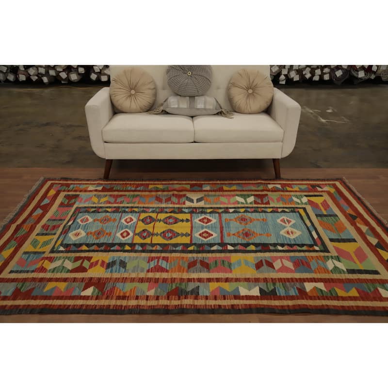 Hand Woven Oriental 100% Wool Carpet Southwestern Tribal Multi-Colored Kilim Area Rug - 8' 2'' X 5' 0''