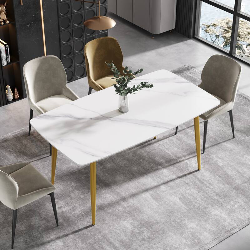 63" Modern Dining Table,Sintered Stone Tabletop and Solid Gold Carbon Steel Base - White&Gold