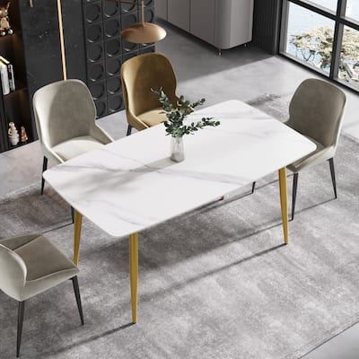 63" Modern Dining Table,Sintered Stone Tabletop and Solid Gold Carbon Steel Base