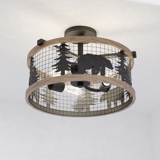 Kodiak 16-in W Black and Teak Rustic Semi Flush Mount Ceiling Light Bear and Tree Motif - 16-in W x 10.75-in H x 16-in D